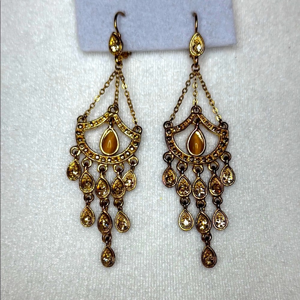 Vintage Gold Chandelier Earrings with Intricate Filigree Citrine Colored Stones